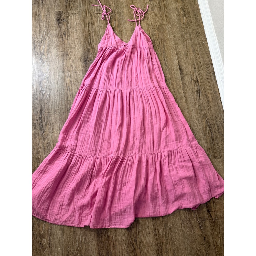 Zara Pink Cotton Gauze Tiered Maxi Dress XS Boho Summer Beach Tie Strap